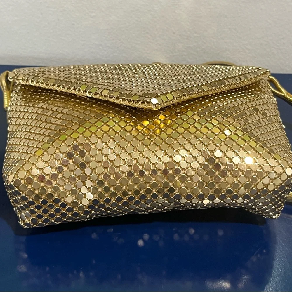 Gold Mesh Purse Handbag Evening Metal Bag Envelope Crossbody Vintage 80s 90s